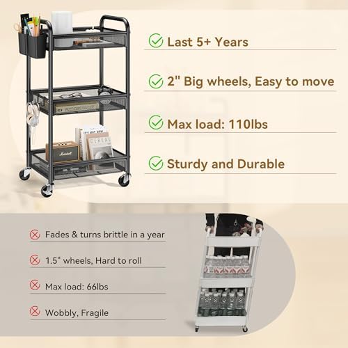 3 Tier Metal Rolling Cart, Black Utility Storage Cart with Wheels