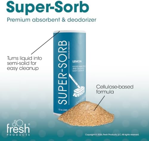 Super Sorb Heavy Duty Absorbent Deodorizer Spill Solution Versatile Powerful Eliminates Odors Absorbs Spills Soaks Up Vomit 12oz can 6 pack Lemon