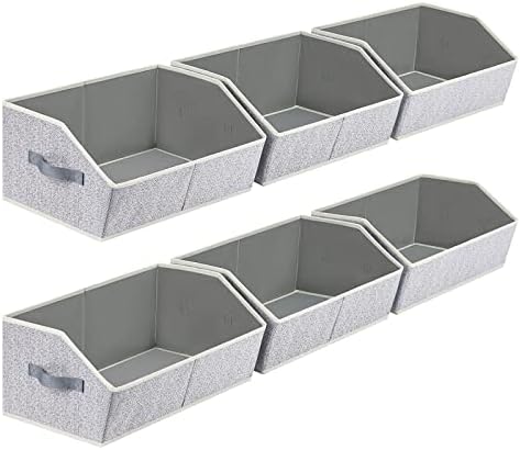 Closet Organizers Bins 6 Packs - Large Closet Shelf Organizer with Handles, Fabric Trapezoid Storage Bins, Collapsible Storage Cubes for Clothes, Towels, Light Gray