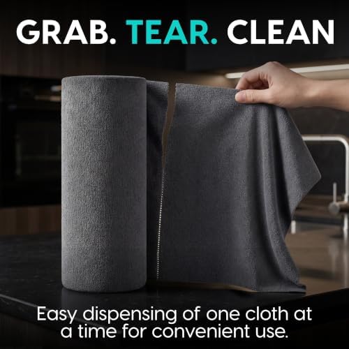 Microfiber Cleaning Cloth Roll Tearaway, 50 PCS Tear Away Towels, Reusable & Washable, Ultra Absorbent 12" x 12" Dish Rags for Car, Home, Kitchen,, 180 GSM Thickness, Paper Towel Alternative