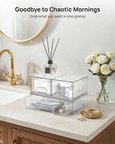 Clear Stackable Storage Drawers Set of 4, Plastic Organizer Bins