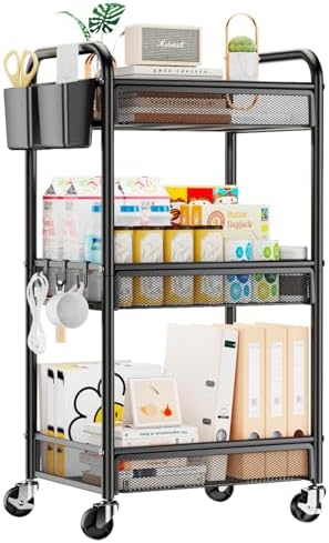 3 Tier Metal Rolling Cart, Black Utility Storage Cart with Wheels