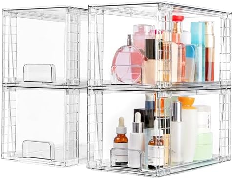 4 Pack Large Stackable Storage Drawers, Clear