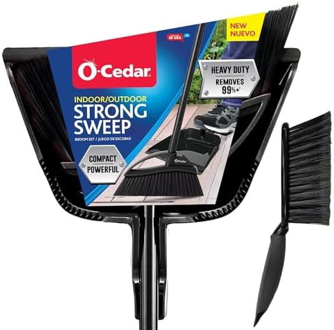Strong Sweep Broom and Dustpan Set with Detail Brush | Indoor Outdoor Heavy Duty Stiff Bristle Broom | Step-On Dust Pan