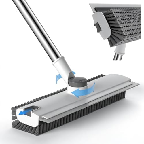 3 in 1 Floor Scrub Brush with 52" Long Handle, Heavy-Duty Stiff 90° Bristle Floor Scrubber, Shower Scrubber with Squeeze, Cleaning Brush for Bathroom Pool Garage Glass Tile Concrete White