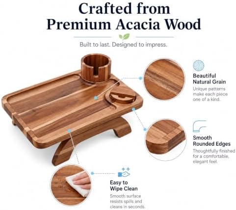 Couch Cup Holder Tray, Large 3-in-1 Acacia Wood Sofa Arm Rest Tray with Cup Holder & 360° Rotating Phone Stand, 15.36 × 9.85 Inches