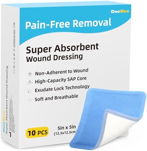 5x5 Extra Large Super Absorbent Wound Dressing, 10 Pack - Ultrasorb Polymer Non-Adherent Pads for Bed Sores, Pressure Ulcers, Abdominal Wounds - High Capacity for Heavy Exudate
