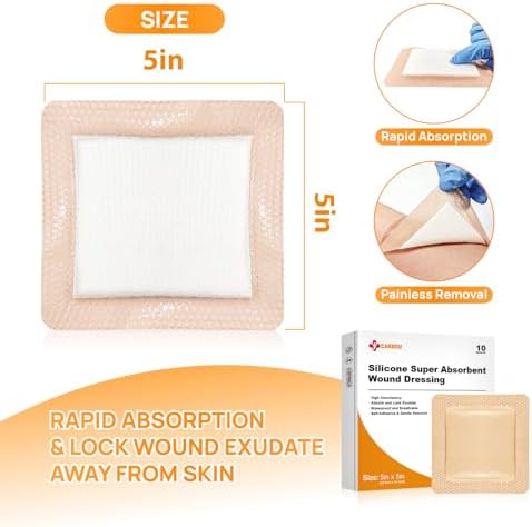 Silicone Super Absorbent Wound Dressing 5" x 5", 10 Individual Pack