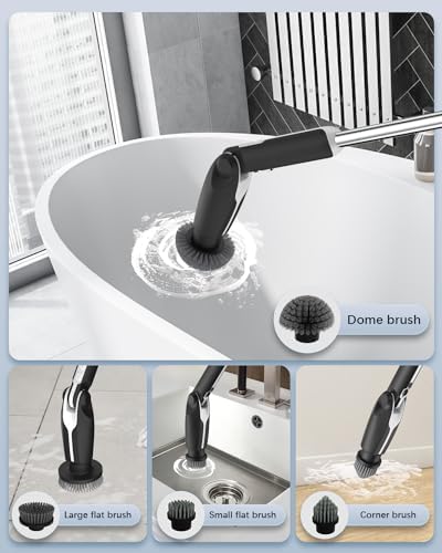 Electric Spin Scrubber, Shower Scrubber with 4 Adjustable Angles and 8 Brush Heads, Electric Scrubber with Long Handle & Remote Controller, Cleaning Brush for Bathroom, Tub, Floor (Black)