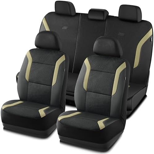 Skechers Memory Foam Car Seat Covers, Air Cool Mesh Thick Seat Covers, Car Seat Full Sets Airbag Compatible, Automotive Comfort Protection for Most Cars,Vans,Trucks, SUVs,Beige
