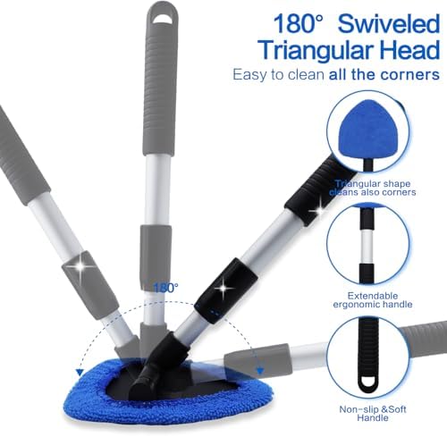 Windshield Cleaner Tool 22.5" L - Car Interior&Exterior Window Cleaning Kit with Extendable Handle&4 Microfiber Pads and Thick Large Wash Sponge, Auto Glass Wiper Brush Kit for Cars Home (7pcs Blue)