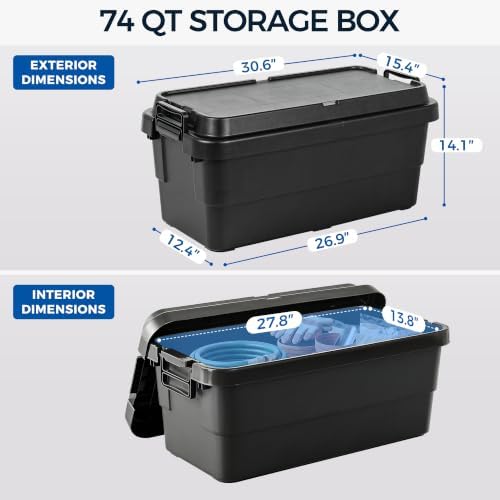 74 QT Storage Bins with Lids, Heavy Duty, Black, Stackable, 4-Pack