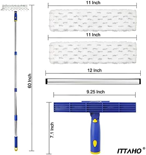60" Window Squeegee Cleaner 2 in 1 Window Cleaning Tool Kit Window Washing Kit with Extension Pole for Shower Glass, Indoor/Outdoor High Window Cleaning-Two Pads