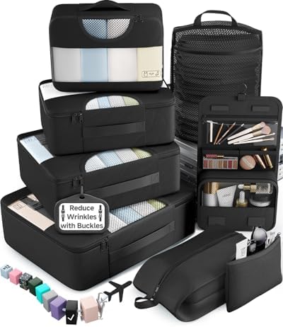 10 Set/8 Set Packing Cubes for Travel Essentials,Anti-Wrinkle Buckled Suitcase Organizer for Shoe & Toiletry Bag,Carry On Luggage Bag for Airplane & College Dorm Room Accessories,Women Men Gifts