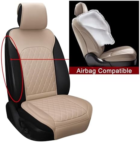 Front Car Seat Covers - Leather Seat Covers with Storage Pocket and Two Belt Pads, Anti-Slip Waterproof Universal Seat Covers for Cars Fit Cars Trucks SUV(Beige,2 Pack)