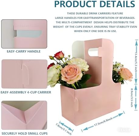 100 Pack Pink 2 Cup Drink Carrier with Handle, Disposable Cardboard Coffee Cup Holder for Hot or Cold Drinks, Coffee Carrier with Ribbon & Card for Food Delivery, Takeout and Bouquet Arrangement