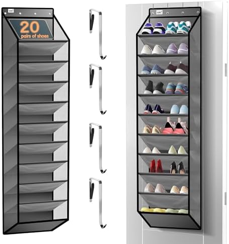 10 Tier Over The Door Organizer - Heavy Duty Hanging Storage Rack with Sturdy Oxford Fabric, Holds 20+ Pairs of Footwear, Boots & Sneakers, Saves 50% Closet Space (Gray)
