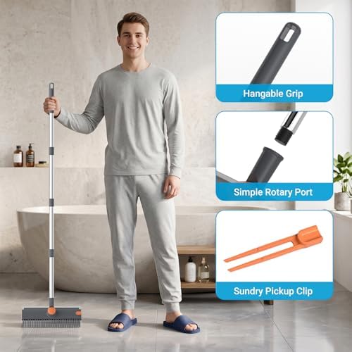 3 in 1 Floor Scrub Brush with 52" Long Handle, Heavy-Duty Stiff 90° Bristle Floor Scrubber, Shower Scrubber with Squeeze, Cleaning Brush for Bathroom Pool Garage Glass Tile Concrete Gray