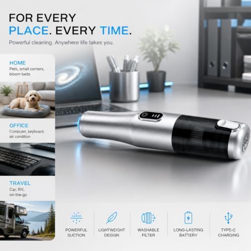 Car Vacuum Portable Cordless Handheld Vacuum Cleaner, 4-in-1 Mini Vacuum with 18,000Pa Suction, 6,000mAh Battery, Brushless Motor, 3 Suction Modes, USB-C, for Car, Home & Office