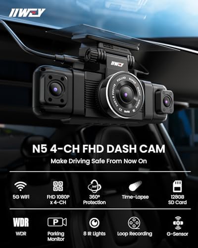 N5 4 Channel Dash Cam for Cars, 360° View 2K Front 1080P Rear Inside