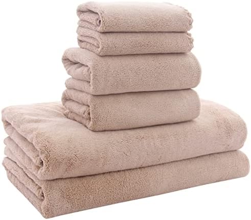 Ultra Soft Towel Set - Quick Drying - 2 Bath Towels 2 Hand Towels 2 Washcloths - Microfiber Coral Velvet Highly Absorbent Towel for Bath Fitness, Sports, Yoga, Travel (Brown, 6 Pcs)