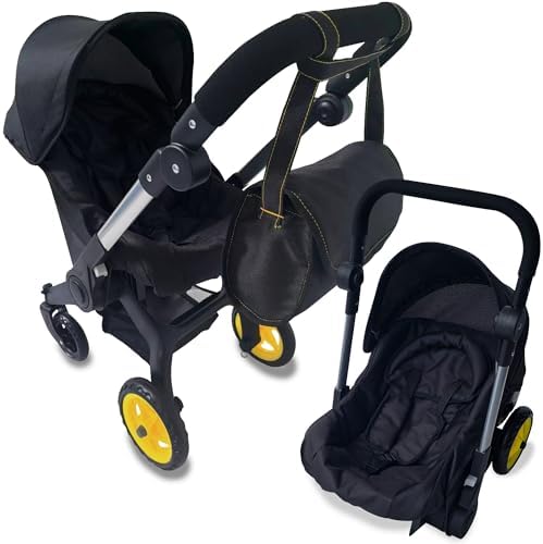 Baby Doll Car Seat Stroller Combo – Convertible 2 in 1 Doll Stroller and Car Seat for Kids – Fits Up to 20” Dolls – Play Toy Baby Stroller with Adjustable Handle for Girls (Black)