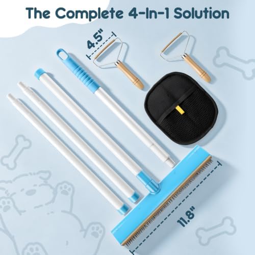 4 in 1 Carpet Rake for Pet Hair Removal Tool, 60'' Dog Cat Hair Remover Kit