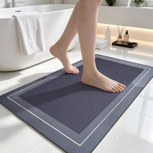 Diatomaceous Earth Bath Mat Super Absorbent Quick Dry Thin Bath Mats Non Slip Washable Rubber Backing Bath Rug Bathroom Floor Mats for Sink Bathtub Beside Shower Entrance Dark Grey 19.6"x31.5"