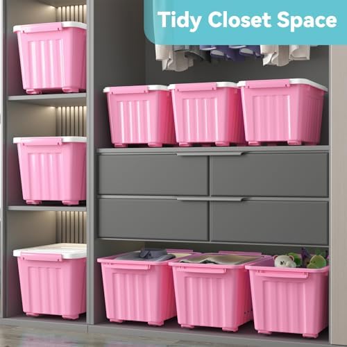Plastic Storage Bin, Stackable and Nestable Storage Boxes with White Lids and Secure Latching Buckles, Large Storage Container (Pink/White, 72Quart-6Pack)