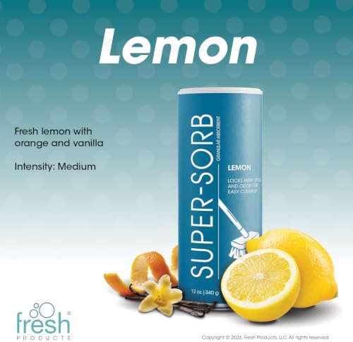 Super Sorb Heavy Duty Absorbent Deodorizer Spill Solution Versatile Powerful Eliminates Odors Absorbs Spills Soaks Up Vomit 12oz can 6 pack Lemon