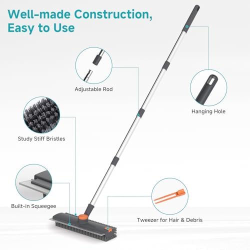 Floor Scrub Brush with Long Handle Length Adjustable, 3 in 1 Heavy-Duty Stiff 90° Bristle Floor Scrubber Broom with Squeegee, Cleaning Brush for Bathroom, Garage, Kitchen, Tile, Deck & Patio (Gray)