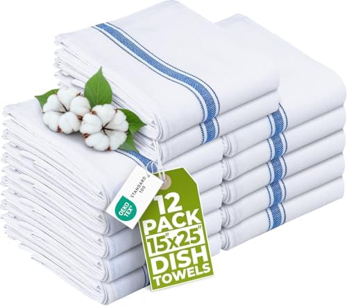 Blue Dish Towels [12 Pack - 15 x 25 in] 100% Ring Spun Cotton