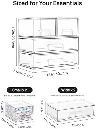Clear Stackable Storage Drawers Set of 4, Plastic Organizer Bins