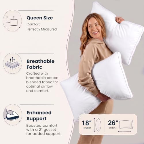 Gusset Bed Pillow, Hotel Pillows Queen Size Set of 2, White