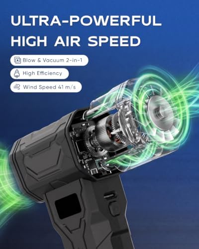 Compressed Air Duster, 2-in-1 Blow & Vacuum, 110,000 RPM Electric Air Duster with 7 Nozzles, Rechargeable Air Blower with LED Light for PC, Keyboard, Electronics, Car Cleaning, USB-C