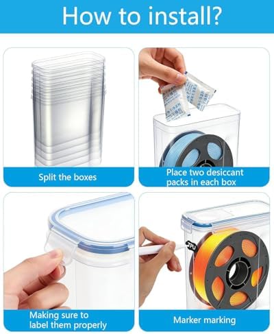 Filament Storage Box 6 Pack with Desiccants, Labels for 3D Printing