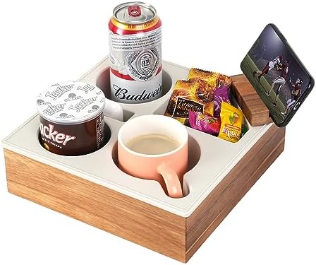Couch Cup Holder Tray, Handy Soft Silicone Acacia Wooden Couch Caddy for Bed Car Seat Beach Organizer, Waterproof Anti-Spill Sofa Cup Holder for Snacks Beverage Remote (White)