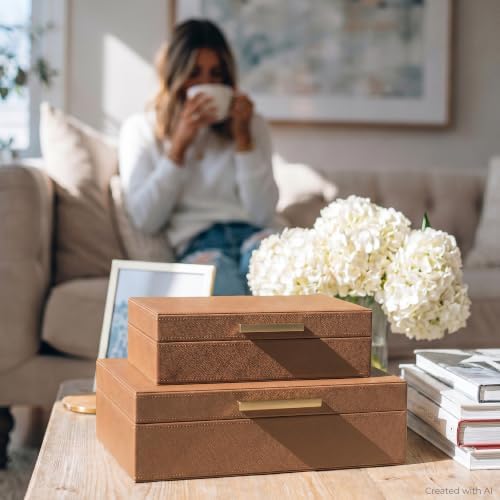 Decorative Storage Boxes with Lids - Set of 2 PU Leather Organizer Bins