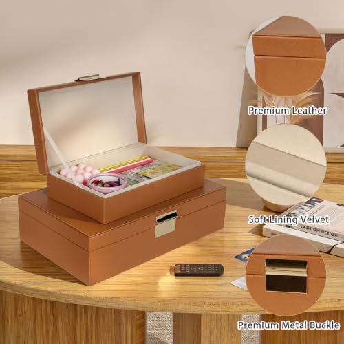 Decorative Storage Box Set of 2, PU Leather Organizer for Home Decor Brown