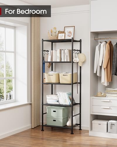 5-Tier Storage Shelves with Hooks, 18.1" x 12.4" x 56.8", Black