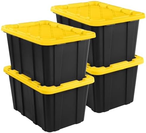 Industrial Storage Tote with Lids for Garage, 27 Gallon, 4-Pack