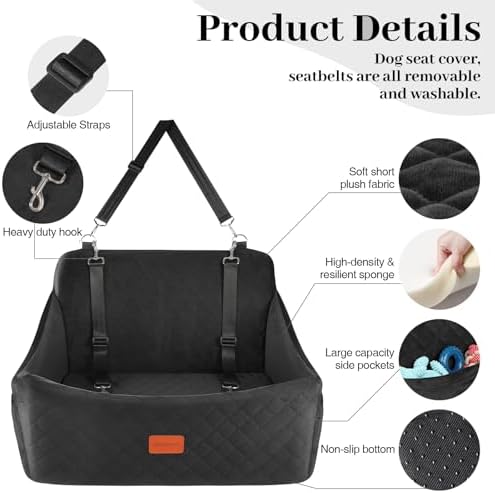 Dog Car Seat for Medium & Large Dogs Up to 55lbs, Memory Foam Cushion, Washable Cover, Safety Straps & Non-Slip Bottom(Black,Large)