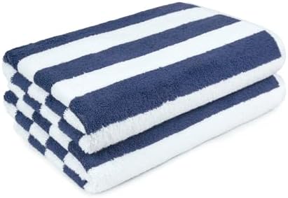 100% Cotton Soft & Absorbent Beach Towels, Cabana Stripe, Fast Drying, Machine Washable, Large 30 in x 60 in, Navy Blue, 4-Pack