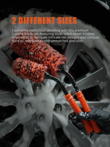 Angled Car Wheel Brush Set, 2Pcs Car Detailing Cleaning Brush Synthetic Wool Rim Cleaner Brush, Flat Spoke Brush, Metal Free Rim Tire Detail Brush, Remove Brake Dirt Behind Your Rim Accessories