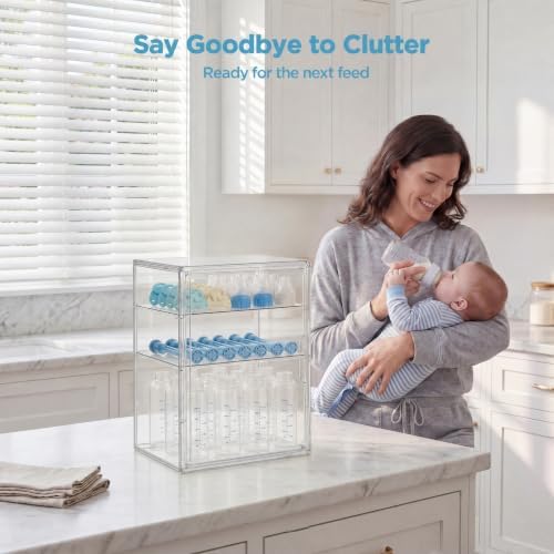 Baby Bottle Storage Organizer for Countertop Cabinet, 3 Tiers Adjustable Clear Acrylic Bottles Storage Station Case Box Container with 2 Removable Dividers and Magnetic Door, Large