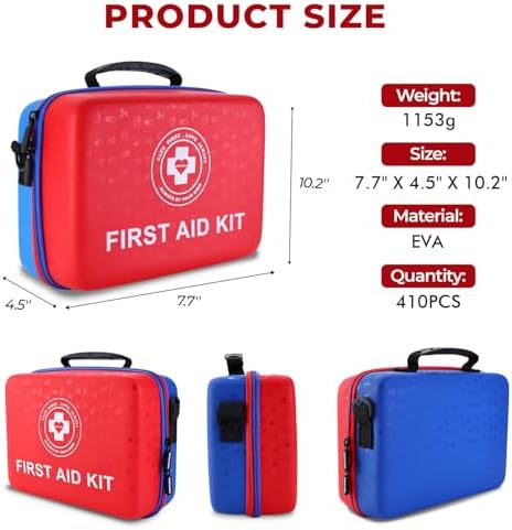 Large First Aid Kit - 410 Piece Dual-Color Emergency Kit with Hard Shell & Fluorescent Interior Coating, Professional Survival Kit for Home, Car, Travel, Hiking & Outdoor(Red/Blue)