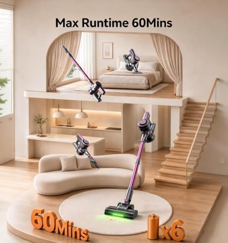 Cordless Vacuum Cleaner for Home,600W 35KPA 60Mins (Purple)