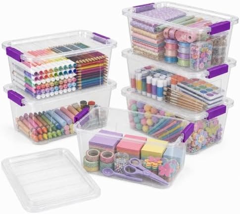 Clear Storage Bins with Lids 6 Pack, 7 Qt Stackable Storage Containers with Buckle Lock, Durable Plastic Containers & Storage Box Organizer for Pantry, Bathroom, Closet & Office Use