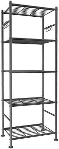 5-Tier Storage Shelves with Hooks, 18.1" x 12.4" x 56.8", Black