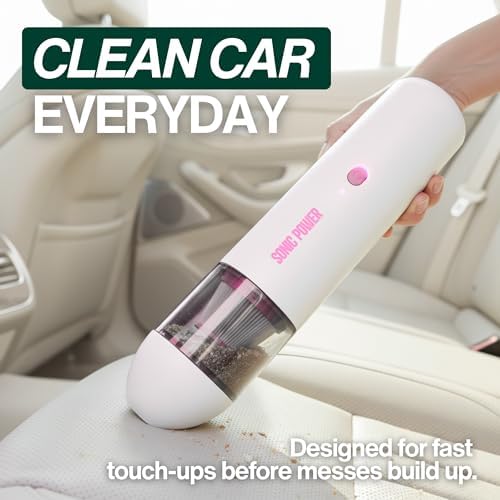 Portable Cordless Car Vacuum, 15000Pa High Suction Handheld Vacuum Cleaner, 2-in-1 Vacuum & Blower, with 4 Attachments & Portable Storage Bag for Car, Home, Pet & Office (White & Pink)